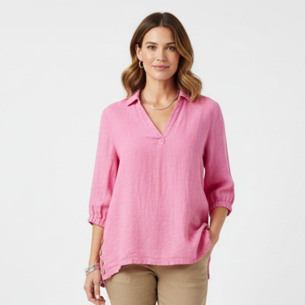 Sigrid Olsen 100% Linen Pink Half Sleeve Button Side Trim Top Blouse 1X